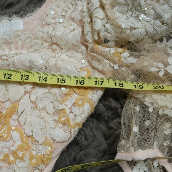 Vtg Judy Hornby Silk and Lace Applique Tiered Maxi Gown - Picture 11 of 12